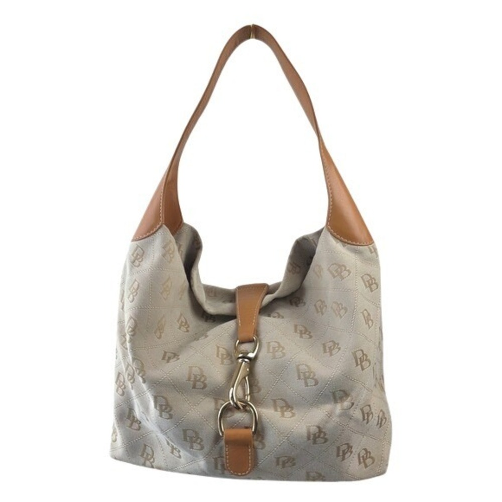 Dooney & Bourke Monogram Jacquard Canvas Hobo Bag Beige Tan Leather Trim